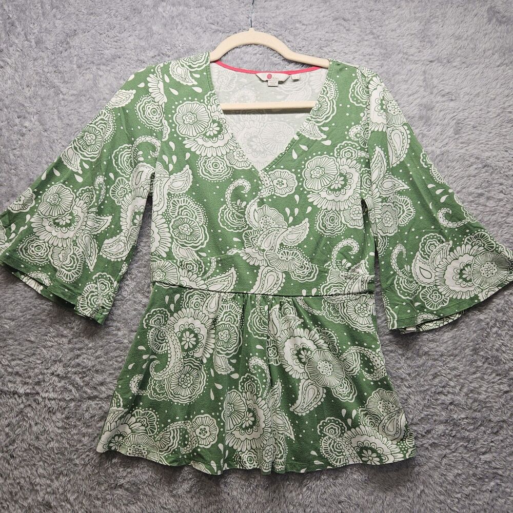 Boden Womens Green Louisa Paisley Peplum Top Size 6 Kimono Bell Sleeve Foilage